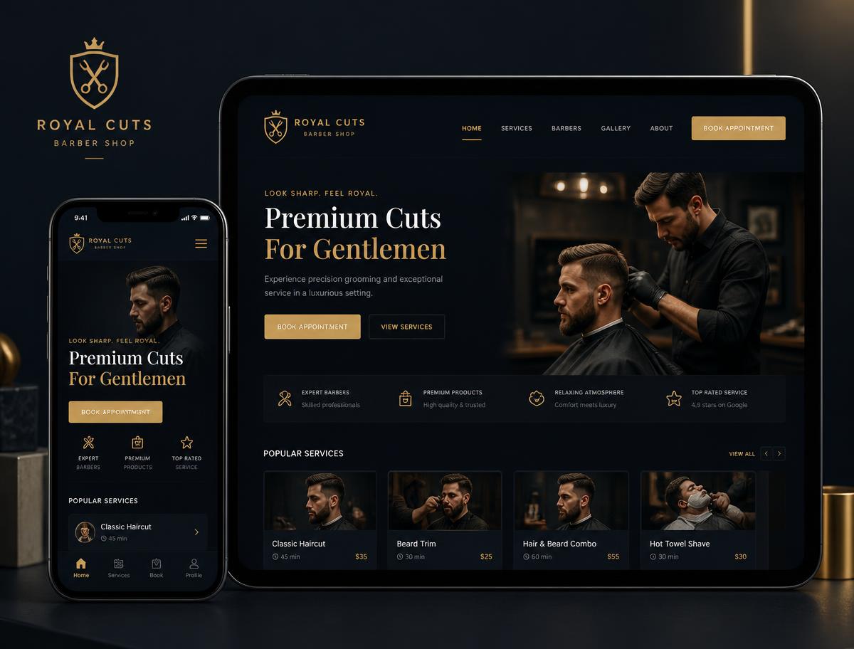 Concept design for Royal Cuts, a barber shop website with online booking and price list